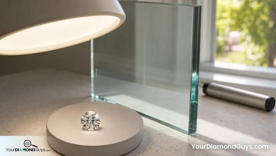 Strong fluorescence diamond appearing neutral under an indoor LED beside window glass