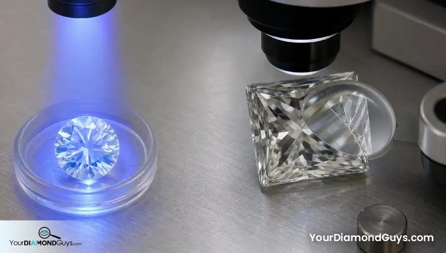 Intact fluorescent round diamond beside a princess diamond with a chipped corner under magnification