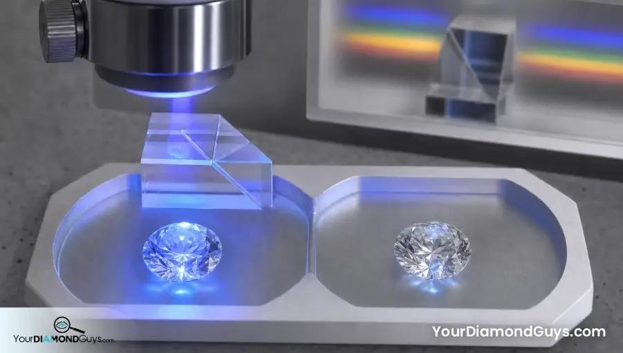 Two round diamonds showing different blue reactions in one laboratory ultraviolet test