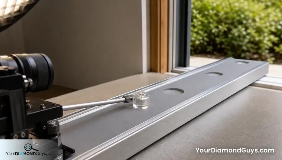 Retailer video camera and diamond traveling on linked rails from indoor light toward daylight