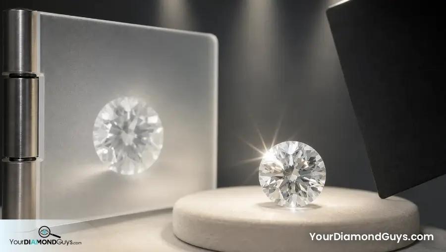 Loose diamond under jewelry store spotlights beside a frosted diffusion card