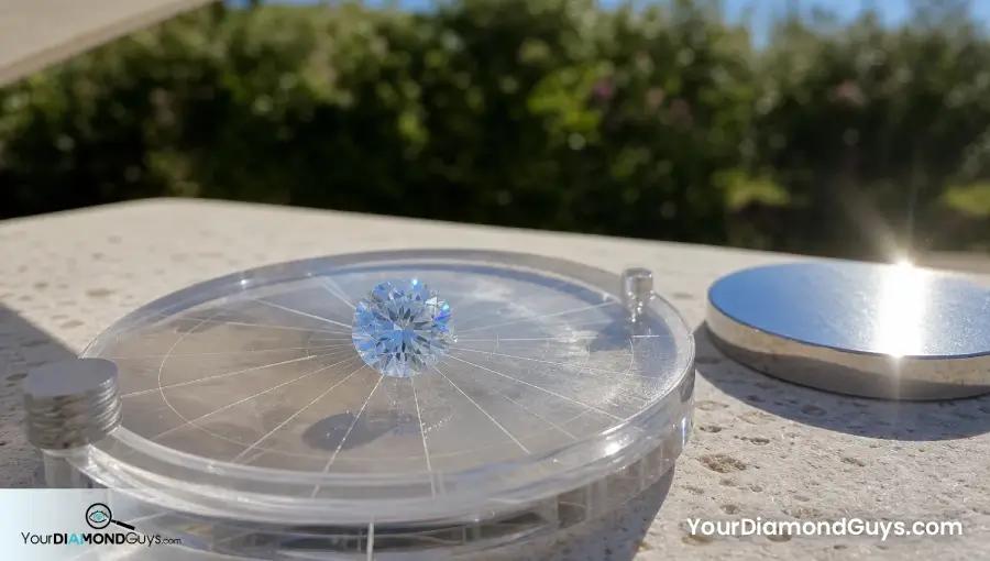 Strong fluorescence round diamond tested in open shade beside direct sunlight glare