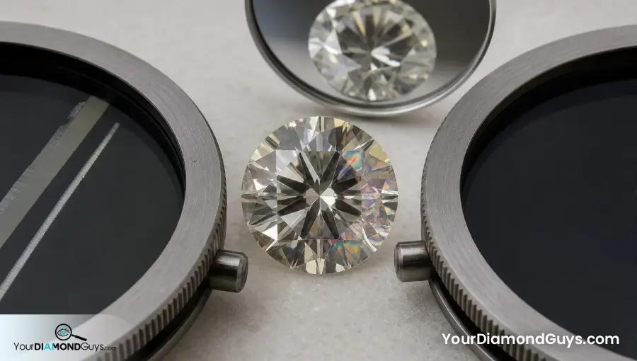 Round diamond showing whitish graining and strain colors between crossed polarizers