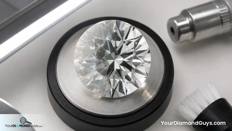 Round diamond with one filmed half and one freshly cleaned crisp half under grazing light
