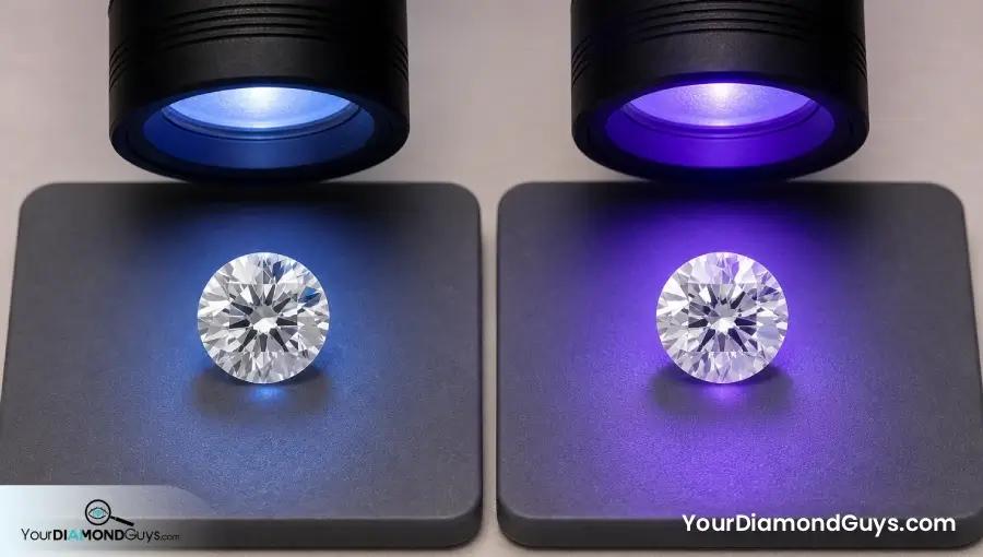 Matched round diamonds compared under low spill and violet heavy ultraviolet flashlights