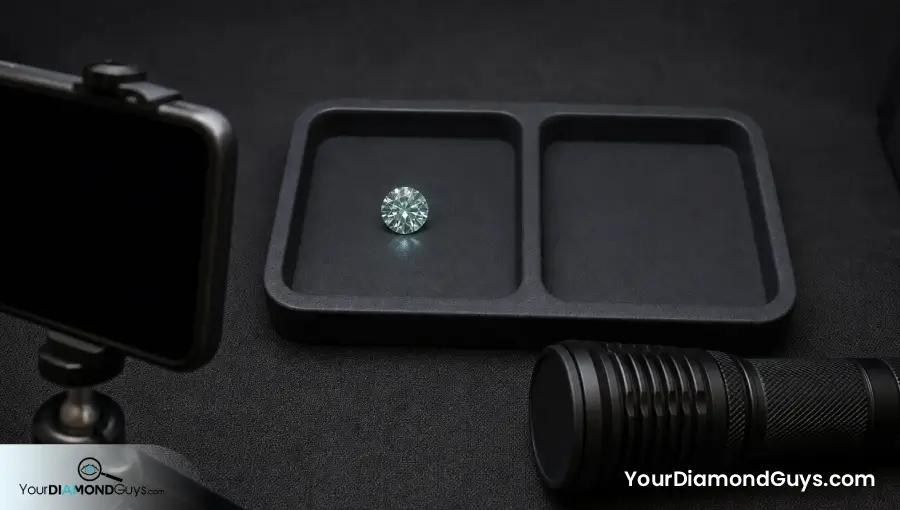 Round diamond showing faint afterglow beside a capped powered off ultraviolet flashlight