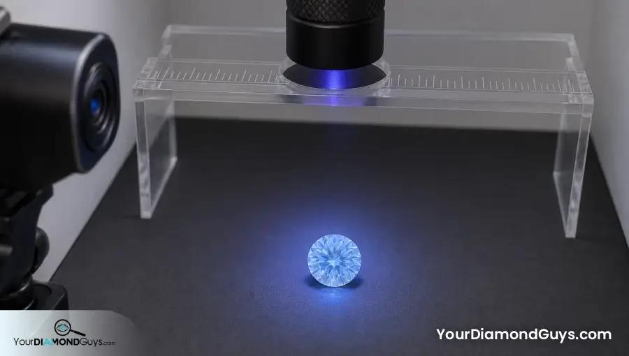 Round diamond tested beneath an ultraviolet flashlight held at a fixed distance