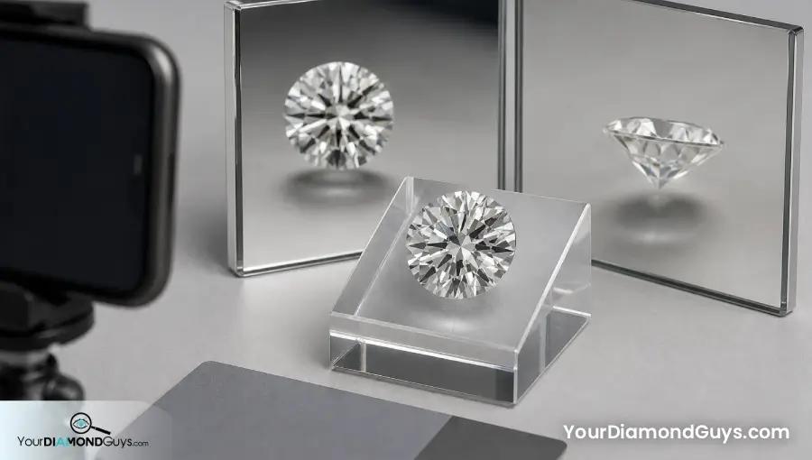Round diamond recorded face up tilted and from the side under neutral LED light