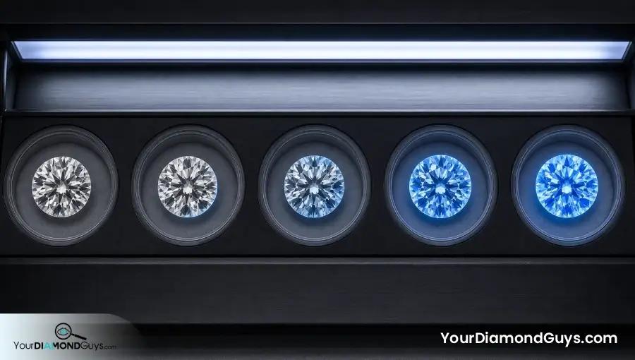Five GIA round diamonds showing progressively stronger fluorescence in one standardized UV lane