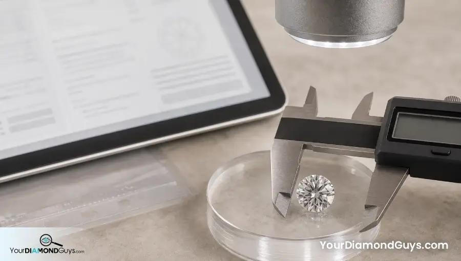 IGI graded round diamond verified beside an unreadable original digital report and caliper