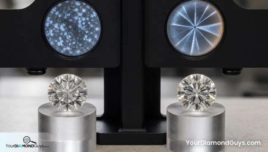Natural and lab grown round diamonds beneath different photoluminescence growth projections