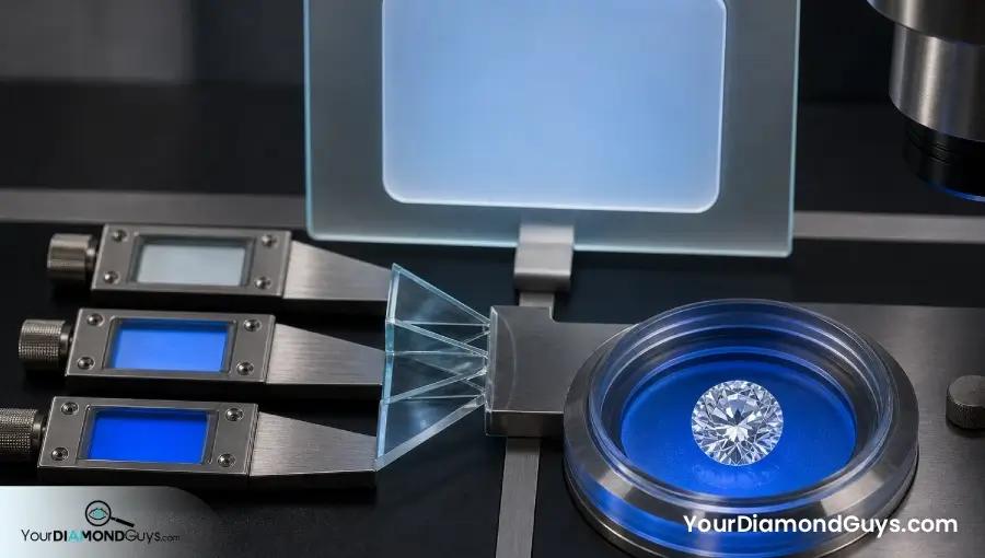 Three fluorescence signals converging into one generic retailer filter beside a UV tested diamond