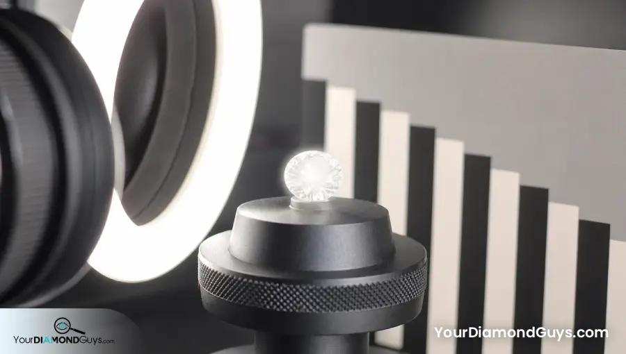Diamond filming setup showing ring light bloom and focus placed on the holder