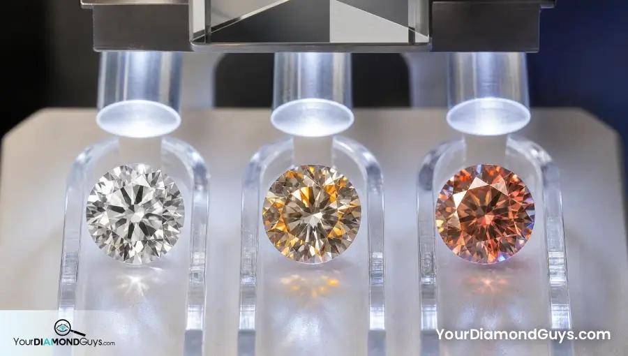 Three round diamonds showing neutral orange and red orange responses under one optical test