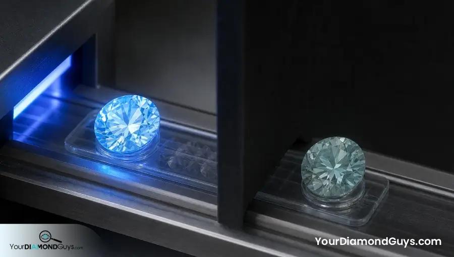 One diamond fluorescing under ultraviolet light and showing a weaker afterglow beyond a shutter