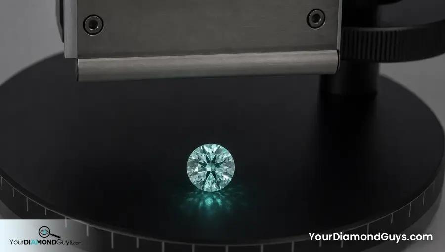 Round diamond glowing blue green after an ultraviolet shutter has closed