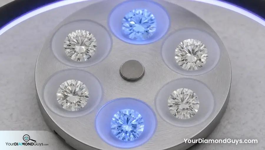Six natural diamond references under one ultraviolet arc with two blue fluorescence responses