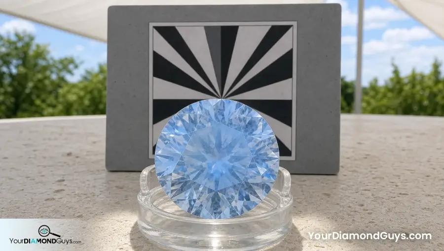 Very Strong fluorescence diamond showing dominant blue and softened facets in ordinary open shade