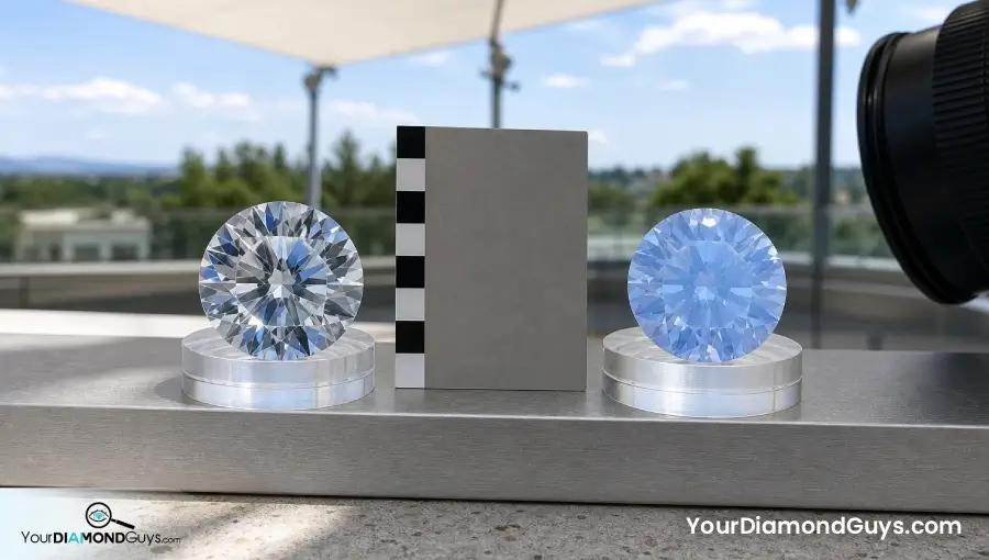Matched Very Strong fluorescence diamonds showing a crisp normal reaction and a soft overblue reaction