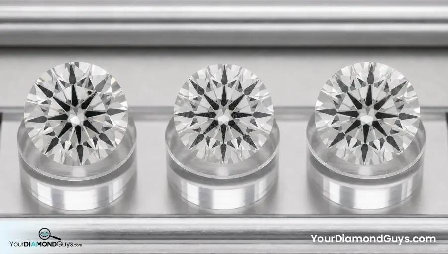 Three SI1 round diamonds showing a table crystal diffuse cloud and girdle feather