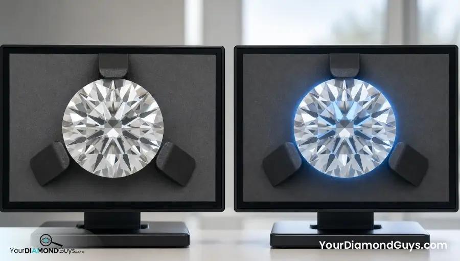Matched indoor and daylight monitor views of a Strong fluorescence round diamond