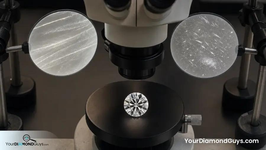 Diamond under a dual port microscope with graining and mixed inclusion projections