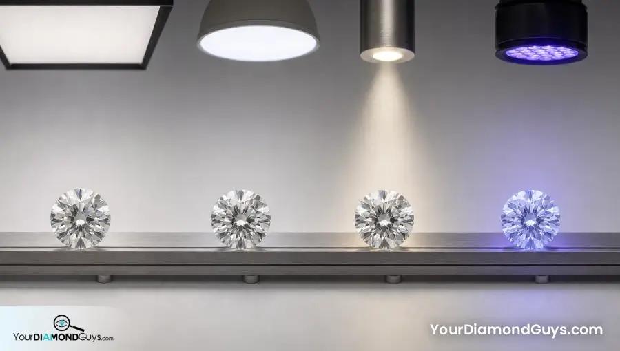 Matched round diamonds recorded under indoor shade sunlight and ultraviolet lighting