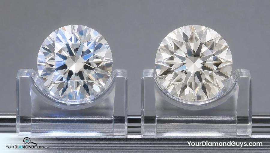 Matched J color round diamonds compared under the same camera and lighting conditions