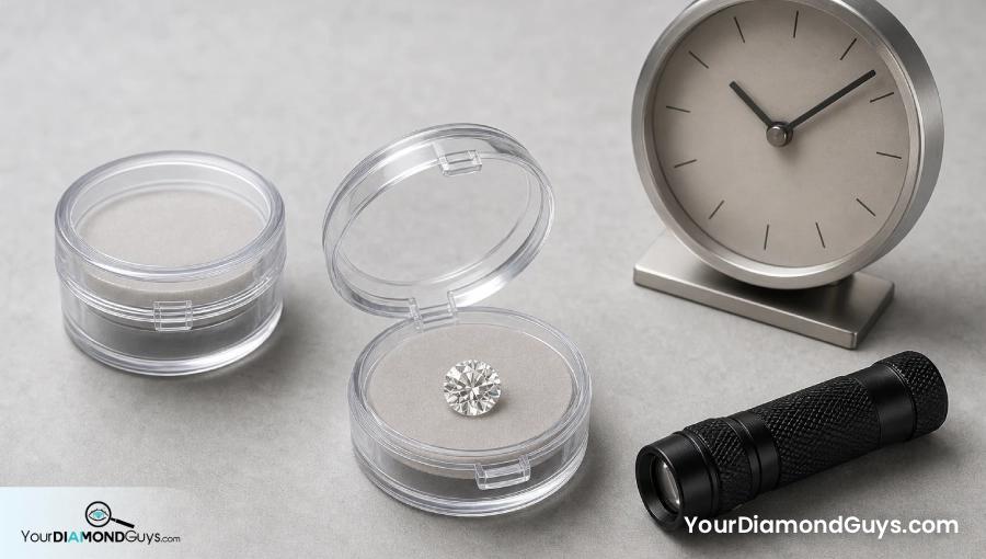 Loose diamond in a return safe capsule beside an ultraviolet flashlight and clock