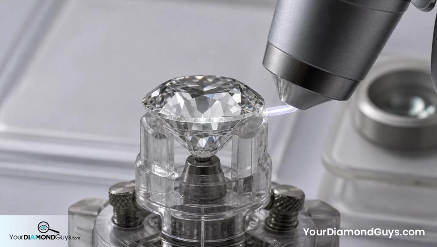 Round diamond girdle inspected under a microscope for identity verification