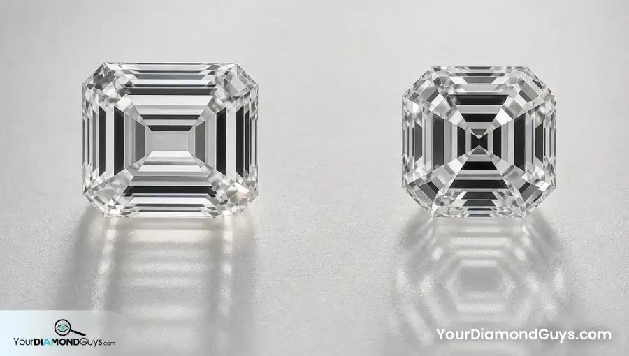 Emerald and Asscher cut diamonds showing different step facet patterns