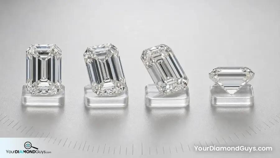 Emerald cut diamond shown face up at two tilts and in full side profile