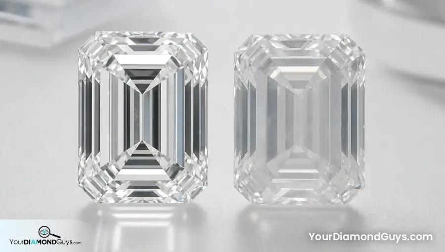 Matched emerald cut diamonds comparing crisp step mirrors with an internal gray white veil
