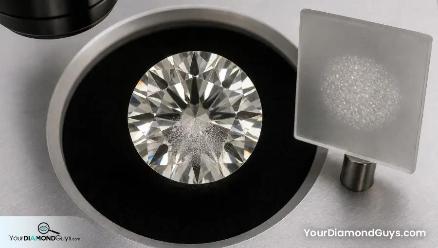 Round diamond under darkfield inspection with a localized cloud of microscopic pinpoints