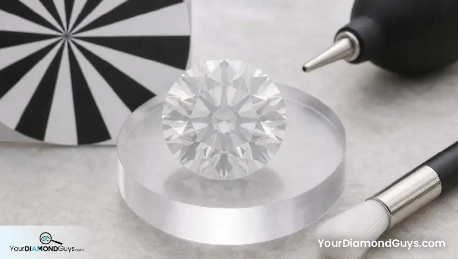 Hazy round diamond with visible but softened facets beside cleaning tools