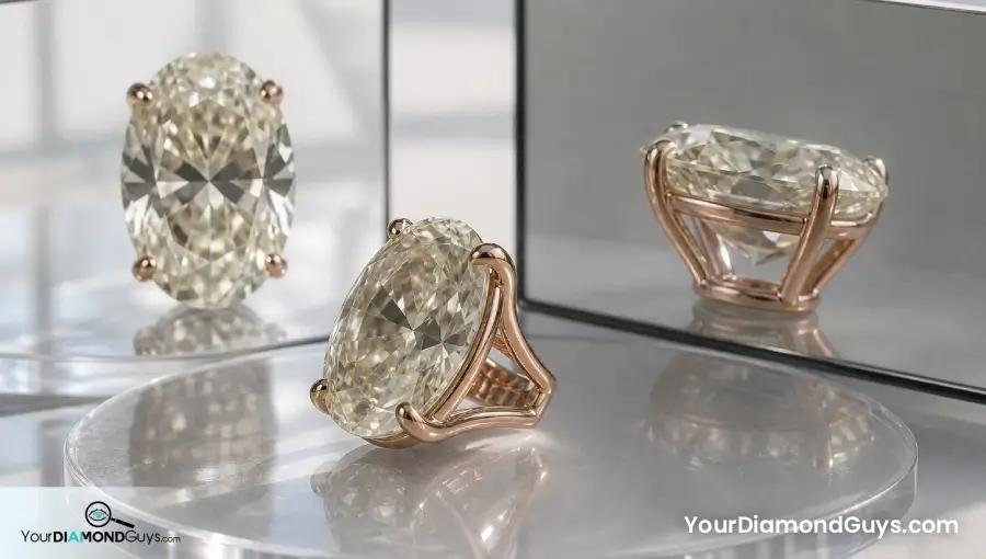 Large K color oval in a rose gold open gallery shown face up tilted and from the side