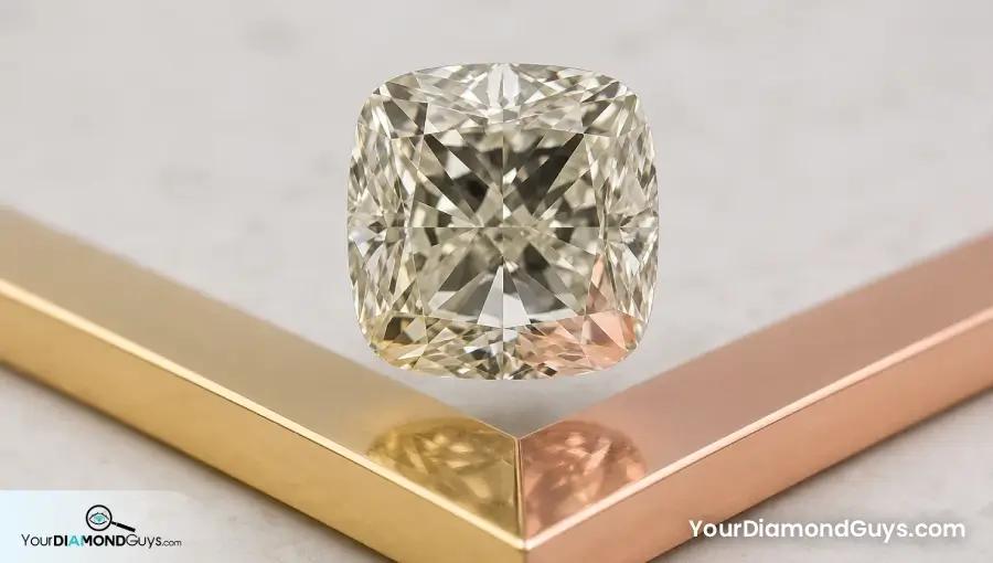 K color cushion diamond reflecting yellow and rose gold through opposite lower facets