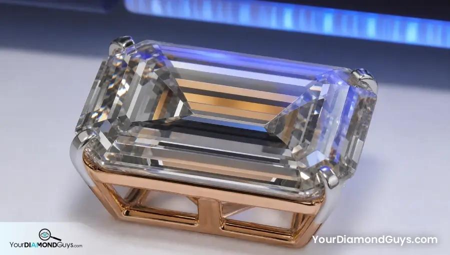 K color emerald cut in a rose gold open gallery under neutral and ultraviolet inspection light