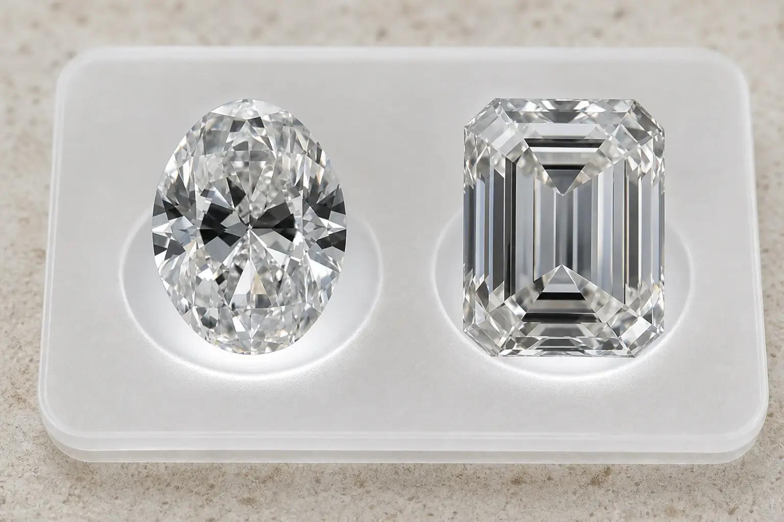 Oval diamond with a dark bow tie beside an emerald cut showing central windowing under inspection light
