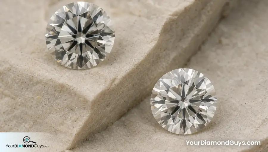 Two round brilliant diamonds on opposite limestone slopes showing darker and more balanced crown and pavilion performance