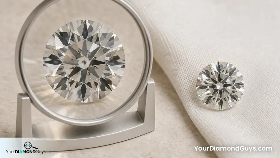 Magnified round diamond culet through an optical lens beside the same center viewed at normal scale