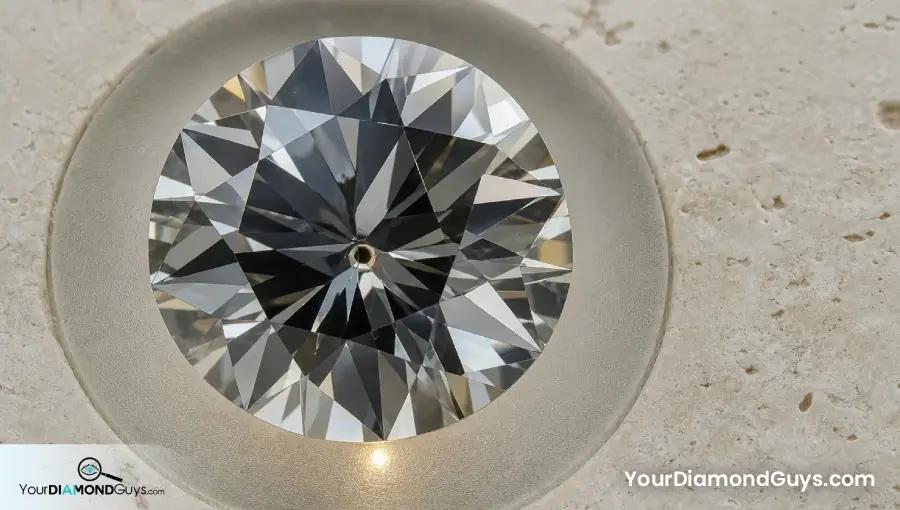 Face up round diamond with an off center culet and uneven dark pavilion pattern in a frosted light well