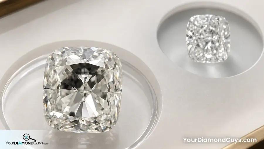 Chunky and crushed cushion diamonds under the same diffused inspection light