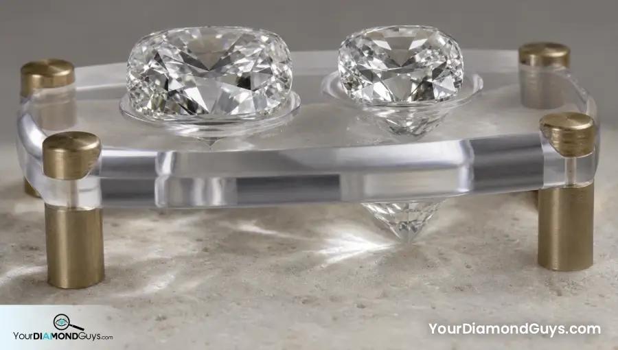 Two one carat cushion diamonds showing shallow and deep pavilions through a quartz bridge