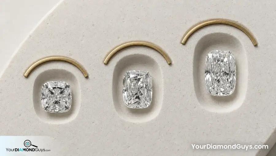 Square, softly rectangular, and elongated cushion diamonds in an outline gauge