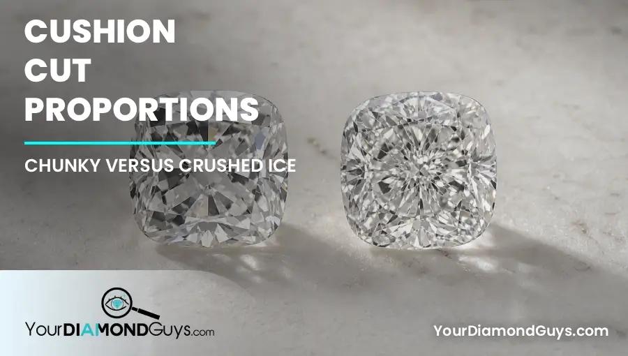 Two cushion diamonds side by side showing chunky broad flashes and fine crushed ice texture
