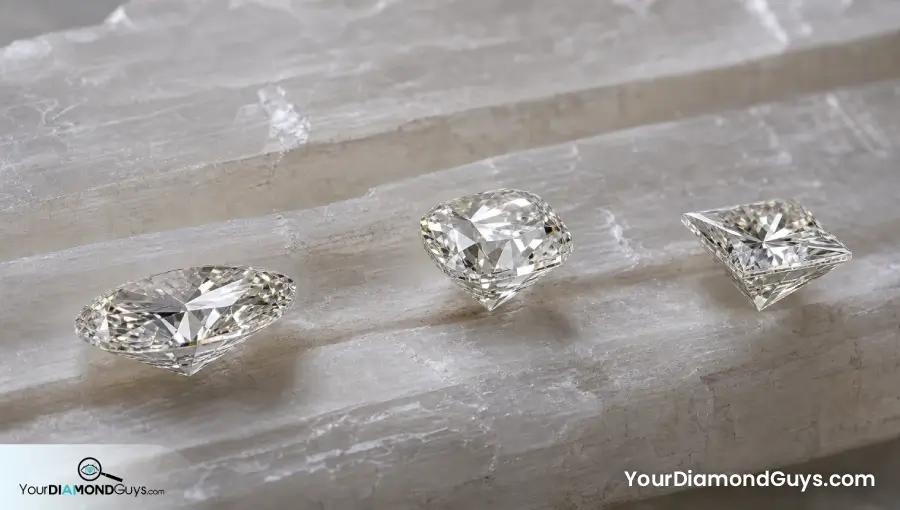 Oval, cushion, and princess diamonds angled on pale selenite to compare their different pavilion depths
