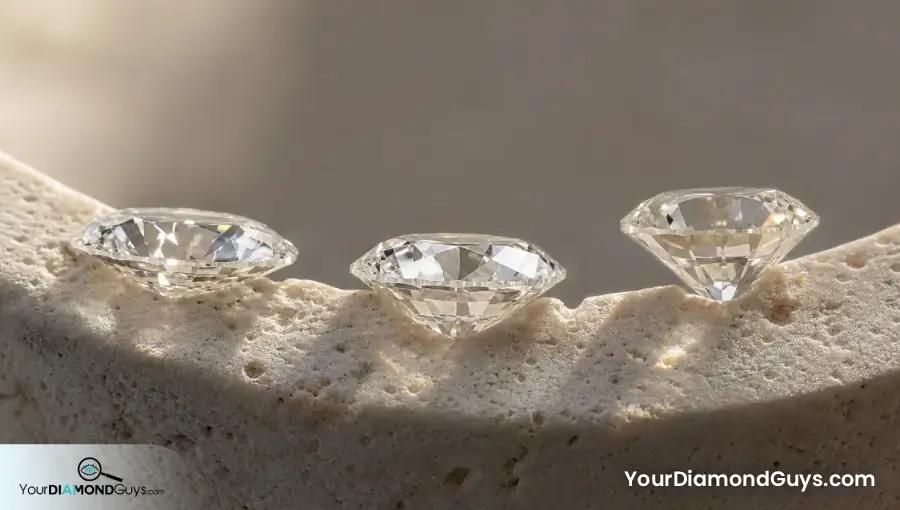 Three similar diameter round brilliant side profiles showing shallow, balanced, and deep total depth builds