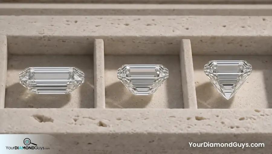 Shallow balanced and deep emerald cut diamond side profiles compared in limestone slots