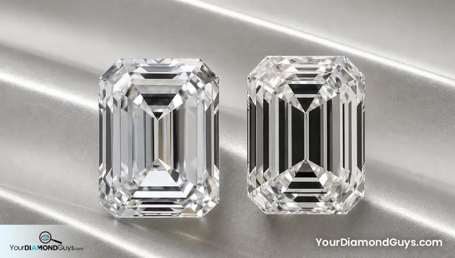 Two emerald cut diamonds comparing organized step mirrors and fixed extinction
